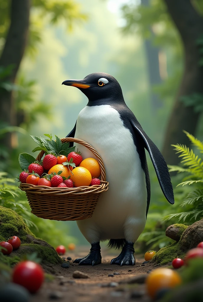 Create a penguin in the forest with a basket full of fruit