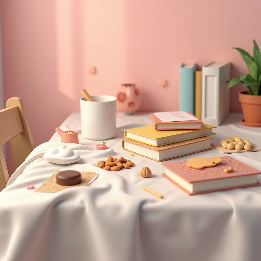Close up of a table with waste water on it, cloth, books, snacks, chocolate, pink wall background, cute elements, hyperrealistic idea, night