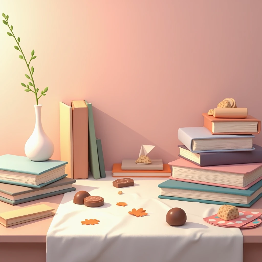 Close up of a table with waste water on it, cloth, books, snacks, chocolate, pink wall background, cute elements, hyperrealistic idea, night