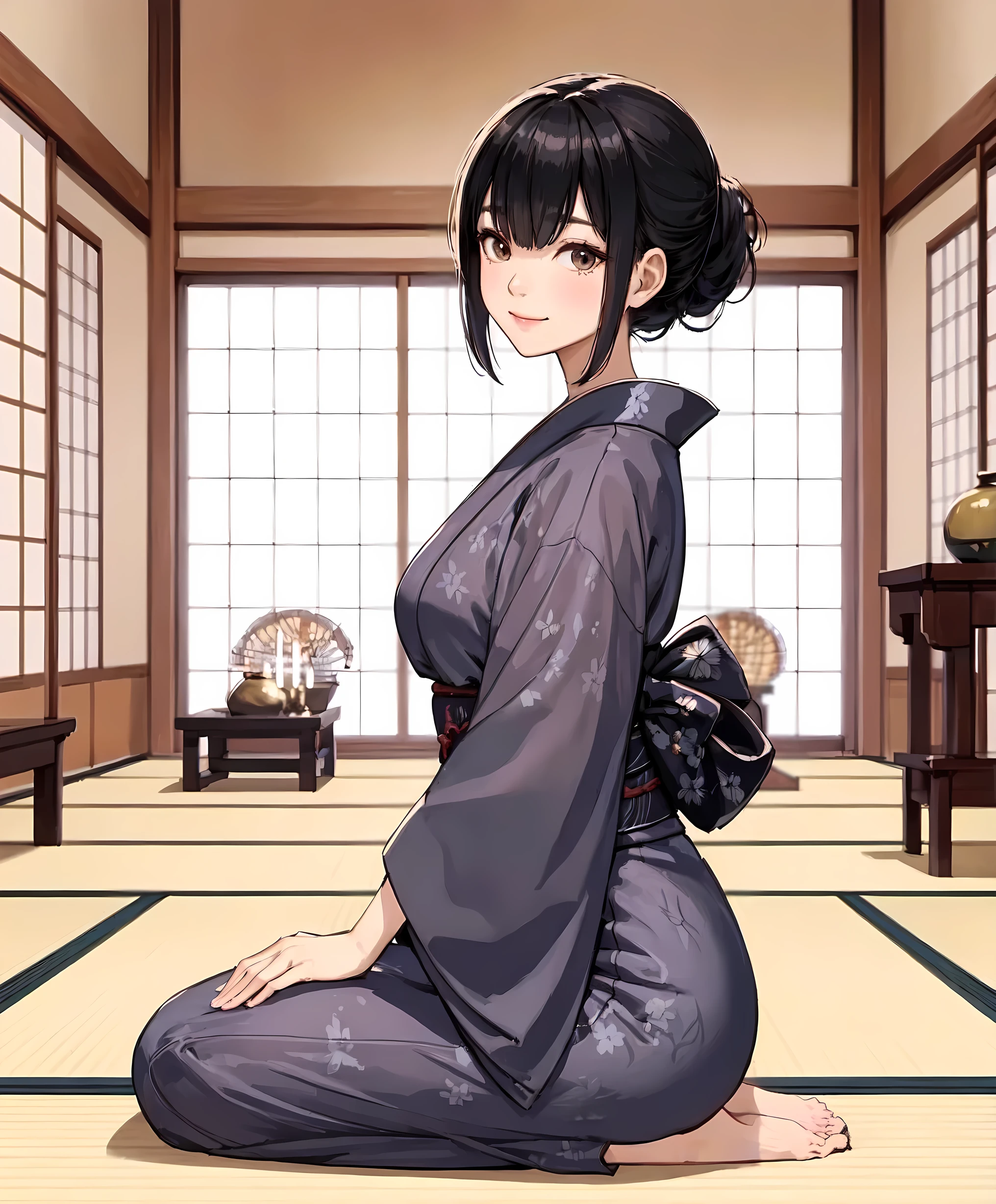 1lady solo, sitting on tatami floor (seiza), (hands on knee), (beautiful sitting posture), (simple yukata), (mature female:0.8), /(black hair/) bangs, kind smile, (masterpiece best quality:1.2) delicate illustration ultra-detailed, large breasts BREAK (luxurious Japanese inn) indoors, tatami floor, detailed background