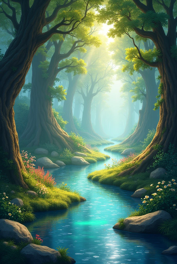 illustration ou une animation d'un royaume enchanté avec des arbres dorés et des rivières scintillantes, donnant vie à la description du livre