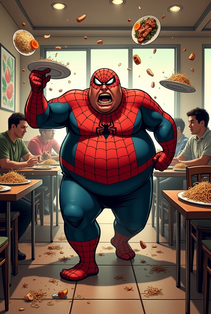 Imagine an image of an overweight Spider-Man in a restaurant, visibly frustrated. He's tossing plates of food off the table in a fit of anger, with dishes, noodles, and other food items flying through the air in various directions. The restaurant is in disarray, with tables and chairs slightly askew, and some patrons looking on in shock or confusion. Spider-Man is starting to walk away from the chaos he’s created, his posture tense and determined as he heads toward the exit. The scene is dynamic, capturing both the intensity of his emotions and the unexpected situation in the restaurant.