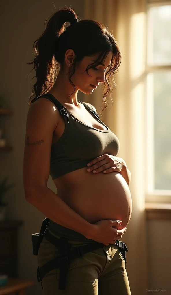 Lara Croft stands in a sunlit room, her hands gently cradling her rounded belly, a rare softness in her eyes. The usual determination etched on her face is now blended with a tender, protective gaze as she looks down, feeling the life growing within her. Her iconic tank top and cargo pants now fit differently, accommodating the new curves of her body. The scene is peaceful, with the soft light filtering through the window, casting a warm glow on her. In this quiet moment, the fierce adventurer reveals a new vulnerability, a deep, emotional connection to the child she carries, showing a side of Lara Croft rarely seen—a warrior embracing motherhood.