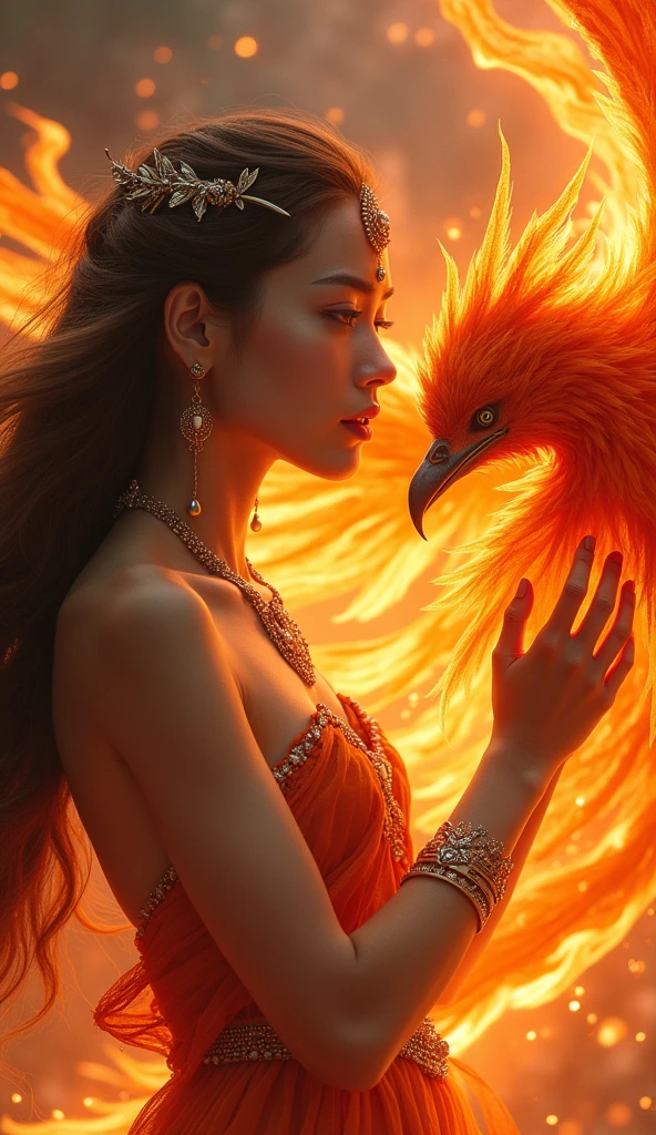 a beautiful girl fighting a phoenix, 1girl, detailed face, detailed eyes, detailed lips, detailed nose, long eyelashes, gorgeous flowing hair, intricate ornate jewelry, phoenix with detailed feathers and wings, phoenix in fiery red and orange flames, cinematic dramatic lighting, vivid bright colors, epic fantasy scene, highly detailed, 4k, photorealistic, best quality, masterpiece