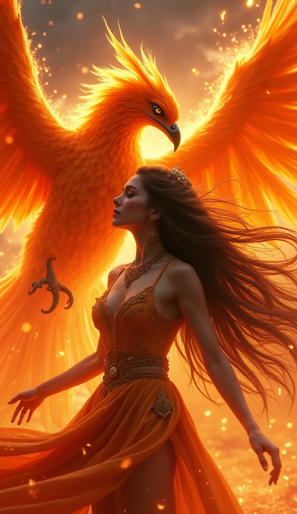 a beautiful girl fighting a phoenix, 1girl, detailed face, detailed eyes, detailed lips, detailed nose, long eyelashes, gorgeous flowing hair, intricate ornate jewelry, phoenix with detailed feathers and wings, phoenix in fiery red and orange flames, cinematic dramatic lighting, vivid bright colors, epic fantasy scene, highly detailed, 4k, photorealistic, best quality, masterpiece