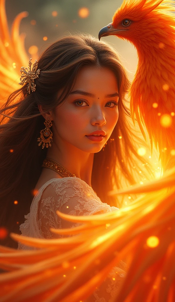 a beautiful girl fighting a phoenix, 1girl, detailed face, detailed eyes, detailed lips, detailed nose, long eyelashes, gorgeous flowing hair, intricate ornate jewelry, phoenix with detailed feathers and wings, phoenix in fiery red and orange flames, cinematic dramatic lighting, vivid bright colors, epic fantasy scene, highly detailed, 4k, photorealistic, best quality, masterpiece