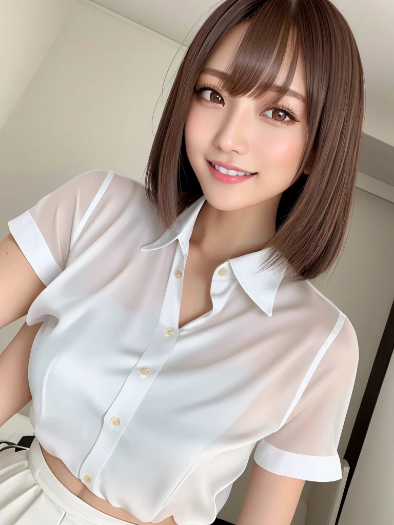 product quality, a upper body shot, front view, 1girl, a Japanese young pretty woman, long bob hair, hyper pretty face, glamorous, wearing a short sleeves and long length satin silk white shirt with collared, with a big smile in her room, glossy lips, double eyelids for both eyes, natural makeup, long eyelashes, shiny smooth light brown hair of bob hair, asymmetrical bangs, tanned skin, central image, high resolution, high detail, detailed hairstyle, detailed face, spectacular movie lighting, octane rendering, hyper realistic, perfect limbs, perfect anatomy