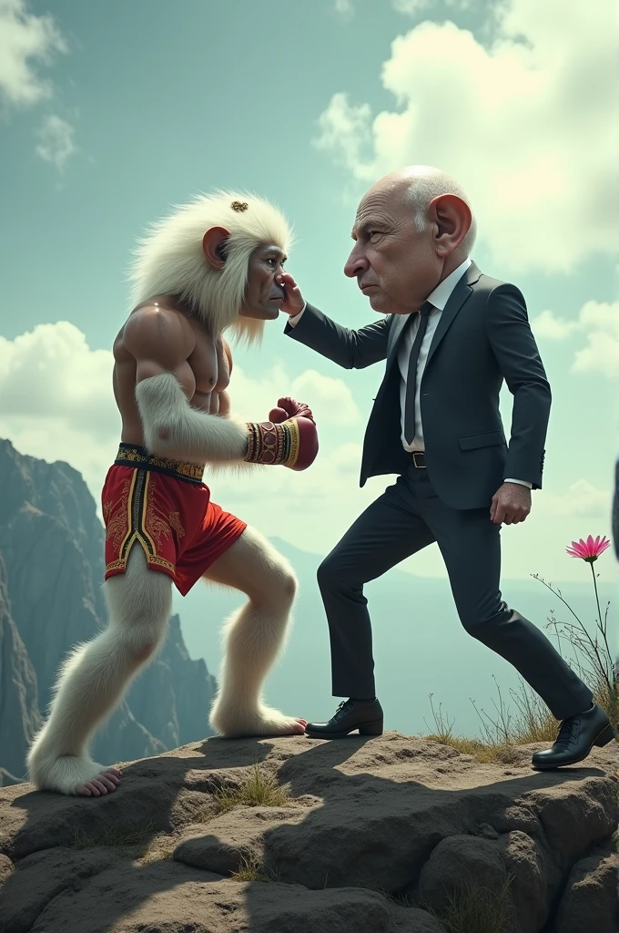 A white Hanuman wearing Muay Thai shorts fights with a man in a suit with a giant head, his right hand holding a flower on top of a mountain with a few clouds on the side and back.