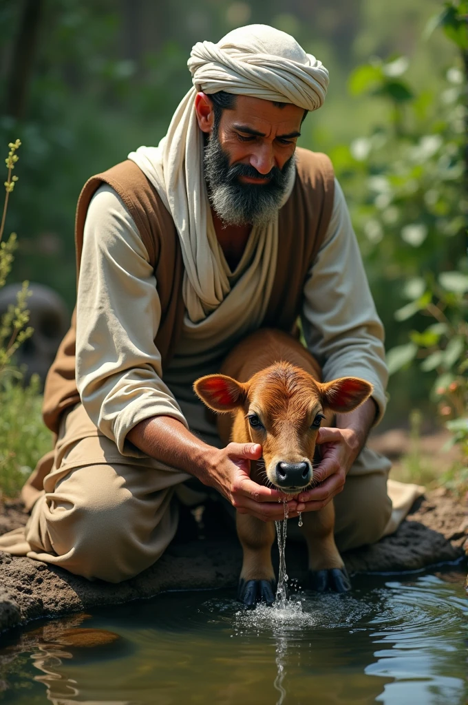 A Muslim man was bathing a cow's calf from a pond on his head