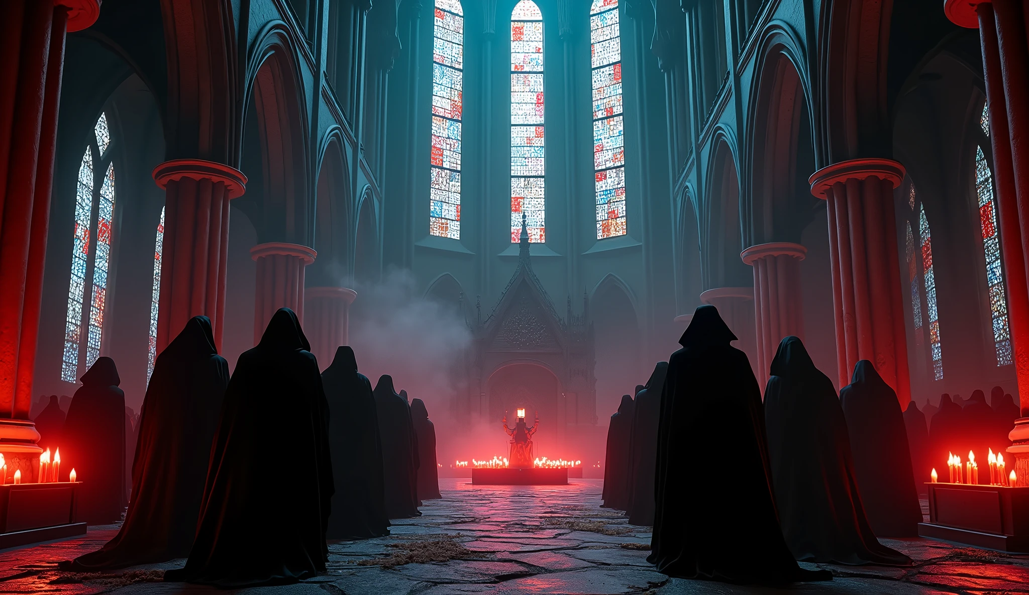 8k、lots of candles ,large stained glass,(Extreme low angle), (number々の賞を受賞したmasterpiece、Incredible detail、Texture、Maximum details),red flame candle, (summoning magic),(St George&#39;s Church in Lalibela at night (Church of Saint George) - Ethiopia), (dark ritual),(dark organization)arafed image of a group of people in a church with candles,lit candle, dark cinematic concept art, elegant cinematic fantasy art, photorealistic dark concept art, by Beeple, dark robes, wojtek fus, gothic epic library concept, gothic epic library, epic cinematic concept art, dark concept art, Beeple and mike winkelmann, symmetrical epic fantasy art, High resolution, masterpiece, Highest quality, Intricate details, Very detailed, Clear focus, practical skin texture, texture,  Shot with Canon, 85mm, Shallow and deep, Kodak Vision Color, Exactly, Very detailed, photograph_\(Extremist\), photographpractical, practical, Post-processing, Maximum details, Roughness, Real Life, Extremist practical, Photorealism, photographgraphy, 8K Ultra HD, photographgraphy
