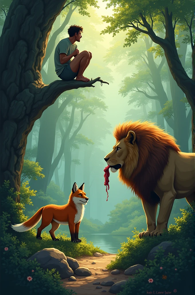 After some time, he started to move on from the forest. While crossing the forest, he saw a fox which had only two legs. The lazy man thought, "How can this fox stay alive in such a poor condition?" e for ries
Suddenly, he saw the lion coming towards piece of meat in his mouth. All the animals ran away as they saw lion coming towards them. The lazy man climbed up the tree to save himself but, the fox stayed at its place. But what the lazy man saw was truly surprising! The lion left a piece of meat which was in his mouth for the fox.