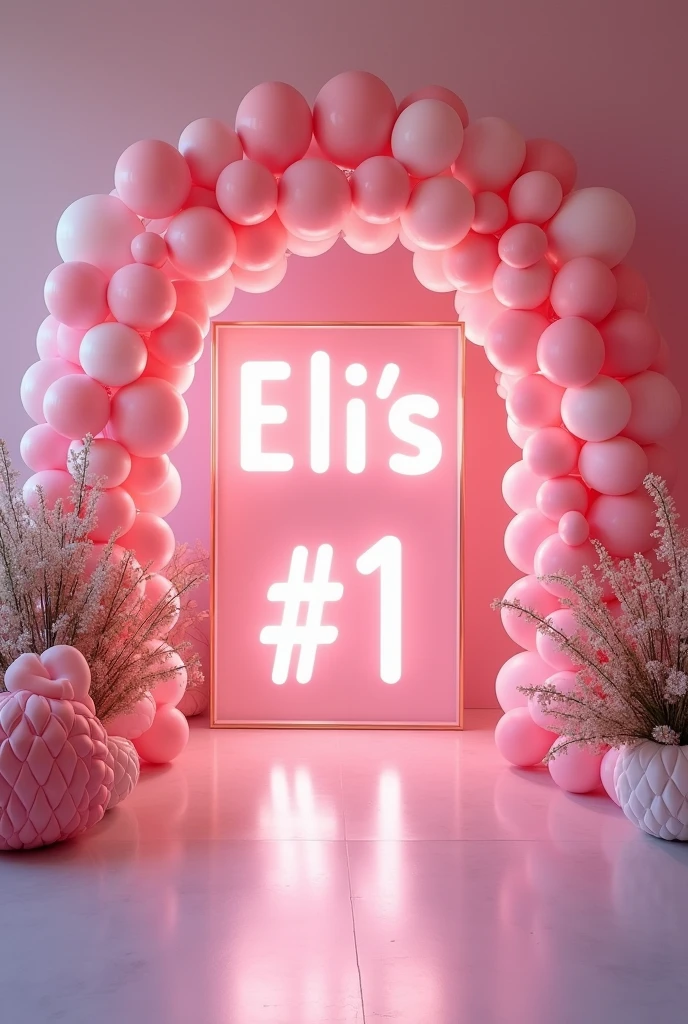 Photo of the entrance to a birthday party with pastel pink main color. The image should show a pastel pink balloon arch at the entrance, chic decorations that are on theme and a large LED sign that says "elis #1"