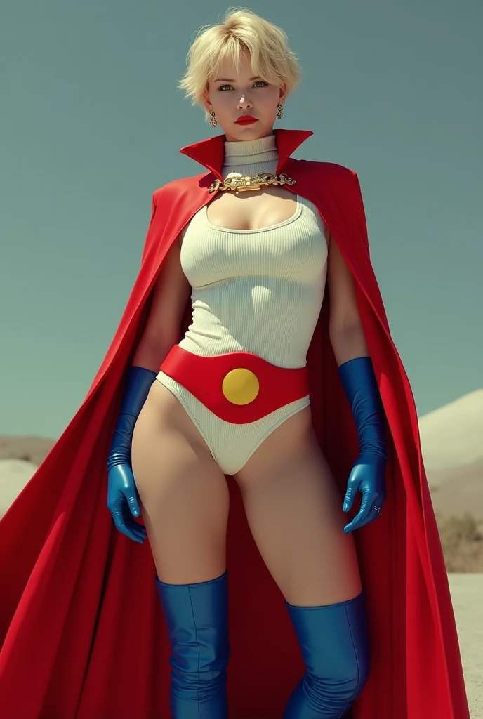 A SEXY BUSTY FEMALE WITH SHORT BLONDE HAIR, BLUE EYES WEARING A WHITE TURTLE NECK CORDROY LEOTARD WITH A ROUND CUT OUT HOLE ON THE CHEST, LONG BLUE GLOVES, TALL BLUE BOOTS, A RED WAIST BELT WITH A YELLOW CIRLCE, AND A LONG RED CAPE ATTACHED AT THE NECK WITH A GOLD CLASP. PHOTO REALISTIC. ABSURD 8K DETIALS AND TEXTURES. MASTERPIECE.