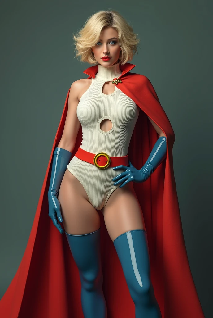 A SEXY BUSTY FEMALE WITH SHORT BLONDE HAIR, BLUE EYES WEARING A WHITE TURTLE NECK CORDROY LEOTARD WITH A ROUND CUT OUT HOLE ON THE CHEST, LONG BLUE GLOVES, TALL BLUE BOOTS, A RED WAIST BELT WITH A YELLOW CIRLCE, AND A LONG RED CAPE ATTACHED AT THE NECK WITH A GOLD CLASP. PHOTO REALISTIC. ABSURD 8K DETIALS AND TEXTURES. MASTERPIECE.