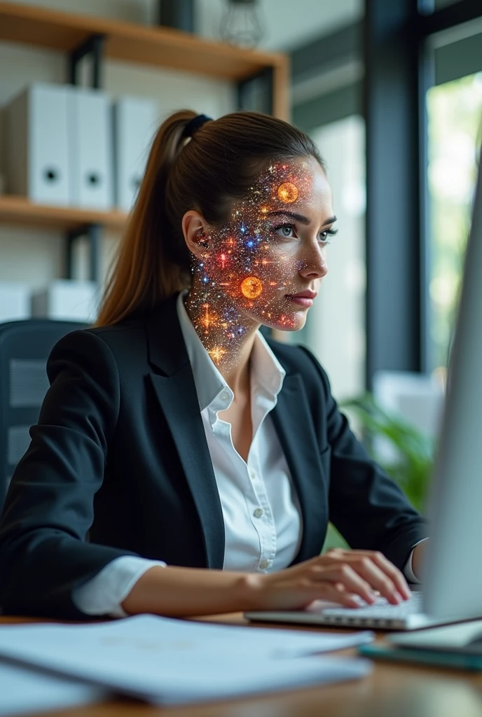 Create an image of a secretary who is typing at her desk but whose face is not in a solid color to put on a promotional flyer