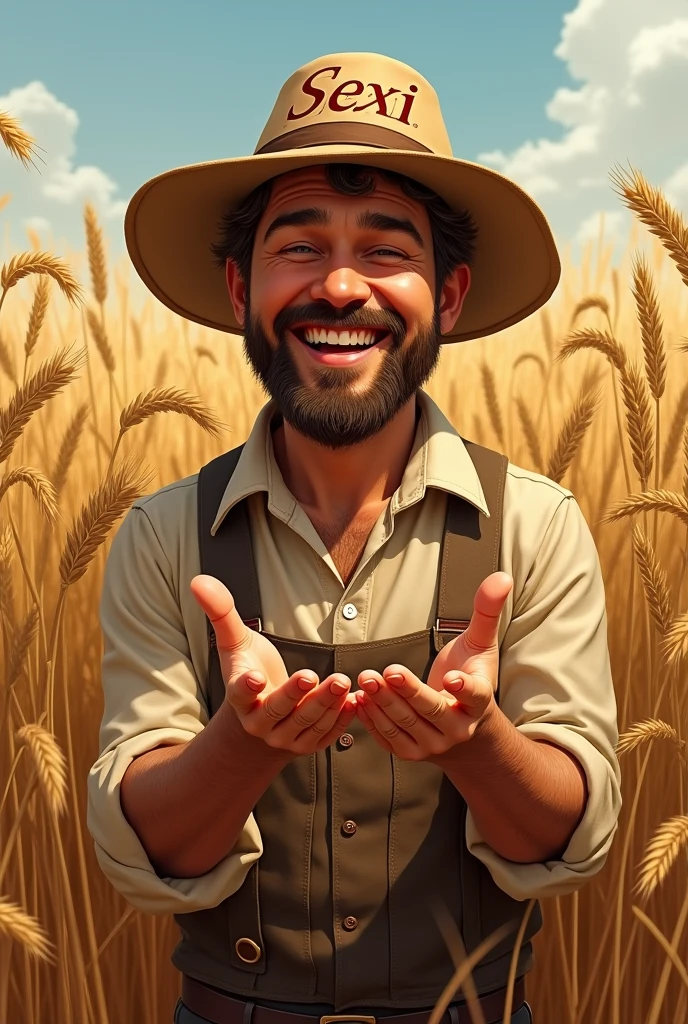 A peasant man, with a hat on his head with the name Sexi on his hands and wheat around him. Lively but let the name go in the hands of the Lord Sexi smiling Sexy delights