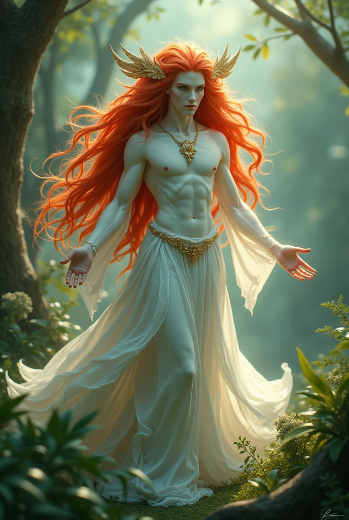 A somewhat androgynous male god with snow-white skin and long red hair, emerald or blue eyes, short stature like 1:68