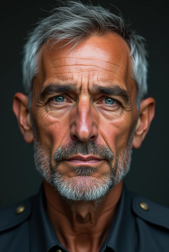 A middle-aged man with a face full of character. His eyes are a deep, penetrating blue., and are framed by thick grey eyebrows that meet in the centre, forming a small wrinkle that extends downwards as a sign of wisdom. His nose is straight and prominent., with a small curve at the tip that gives it a touch of mischief. Its mouth is thin and slightly curved upwards., as if always about to smile. The skin on her face is lightly tanned and marked by the fine lines of a life well lived.. His hair is short and gray., cut in military style, revealing a broad, clear forehead.