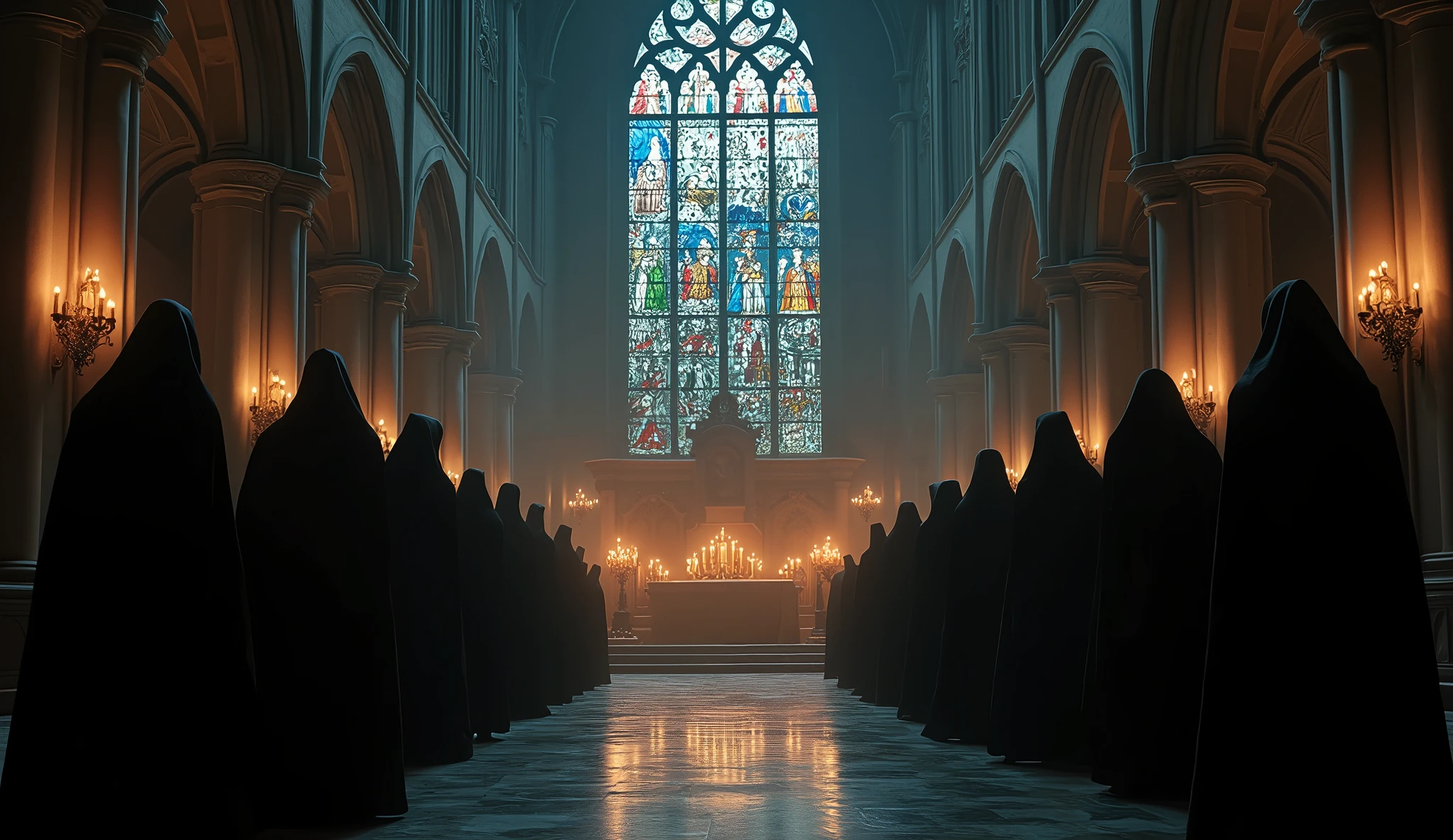8k、close to the camera lots of candles ,large stained glass,(Extreme low angle), (number々の賞を受賞したmasterpiece、Incredible detail、Texture、Maximum details),red flame candle, (summoning magic),(St George&#39;s Church in Lalibela at night (Church of Saint George) - Ethiopia), (dark ritual),(dark organization)arafed image of a group of people in a church with candles,lit candle, dark cinematic concept art, elegant cinematic fantasy art, photorealistic dark concept art, by Beeple, dark robes, wojtek fus, gothic epic library concept, gothic epic library, epic cinematic concept art, dark concept art, Beeple and mike winkelmann, symmetrical epic fantasy art, High resolution, masterpiece, Highest quality, Intricate details, Very detailed, Clear focus, practical skin texture, texture,  Shot with Canon, 85mm, Shallow and deep, Kodak Vision Color, Exactly, Very detailed, photograph_\(Extremist\), photographpractical, practical, Post-processing, Maximum details, Roughness, Real Life, Extremist practical, Photorealism, photographgraphy, 8K Ultra HD, photographgraphy
