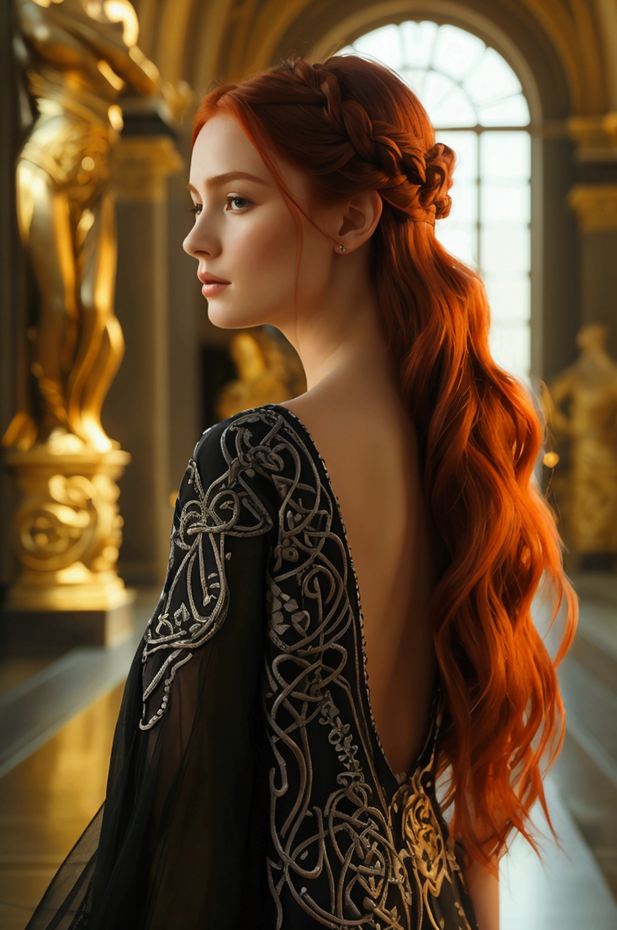 A breathtaking, full-bodied, elegantly seen red-haired woman from full length, wearing a short, flowing black dress adorned with intricate silver embroidery and delicate Celtic knot patterns. Her long, wavy hair cascades down her shoulders. The background is the Louvre museum in Paris. The scene has a charming, almost mystical quality reminiscent of classical painting styles, emphasizing beauty and nature in harmony.