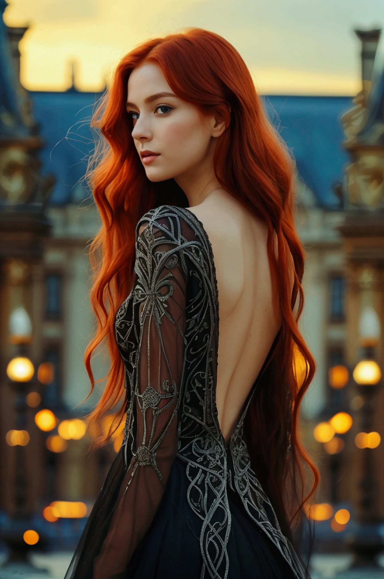 A breathtaking, full-bodied, elegantly seen red-haired woman from full length, wearing a short, flowing black dress adorned with intricate silver embroidery and delicate Celtic knot patterns. Her long, wavy hair cascades down her shoulders. The background is the Louvre museum in Paris. The scene has a charming, almost mystical quality reminiscent of classical painting styles, emphasizing beauty and nature in harmony.
