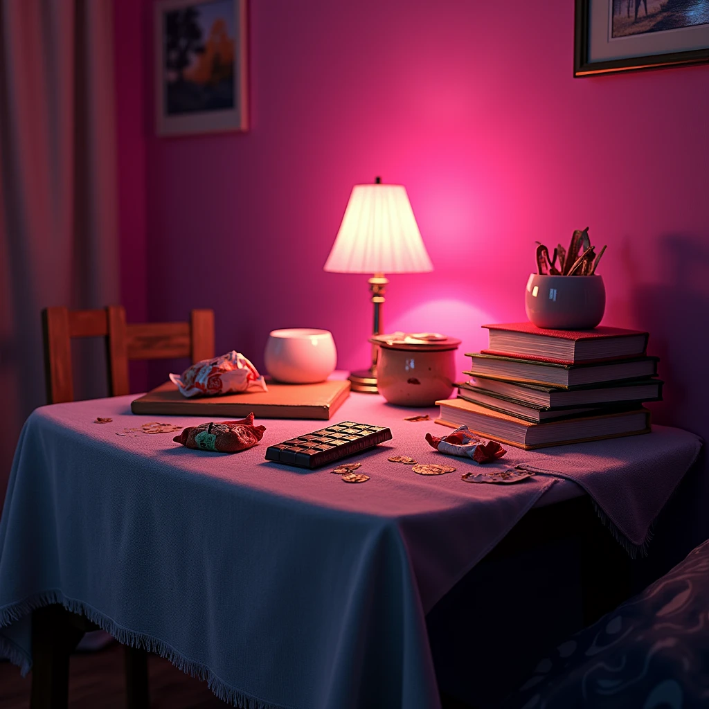 Close up of a table at night with waste water on it, cloth, books, snacks, chocolate, pink wall background, cute elements, hyperrealistic idea