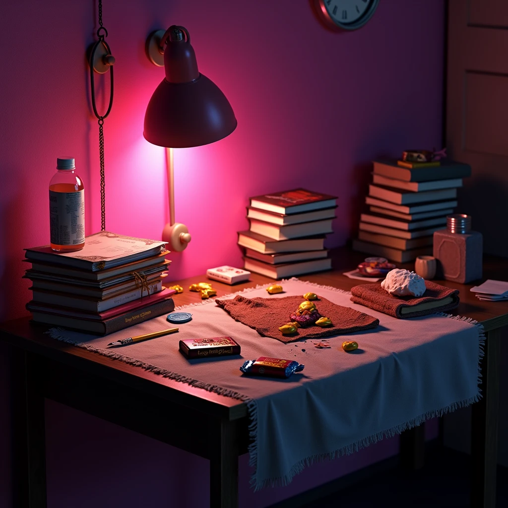 Close up of a table at night with waste water on it, cloth, books, snacks, chocolate, pink wall background, cute elements, hyperrealistic idea
