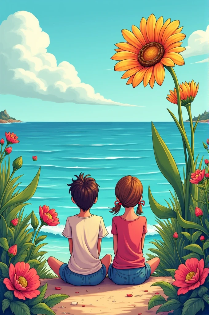 A sea , landscape, make comic type a flower two best friend sat