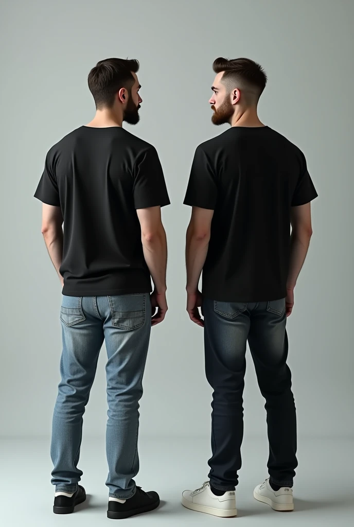 generate two handsome men look alike standing at distance from each other and straight facing in front of camera where one man wearing black oversized round neck t-shirt and denim pants looking handsome and second man wearing black regular fit size t-shirt round neck half sleeves looking like creep and nerdy against light greyish background.