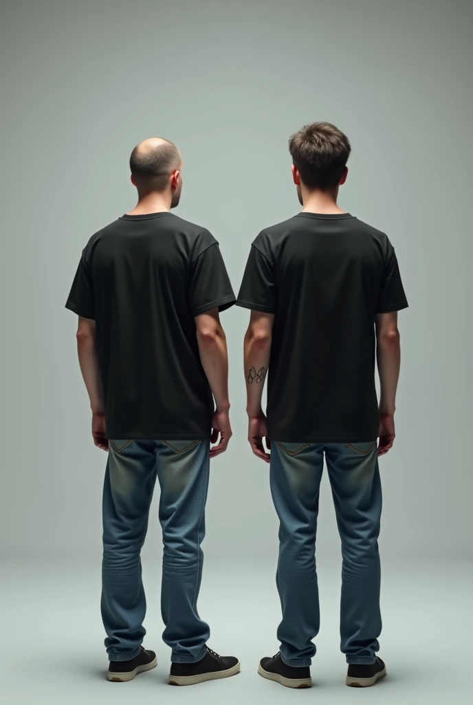 generate two handsome men look alike standing at distance from each other and straight facing in front of camera where one man wearing black oversized round neck t-shirt and denim pants looking handsome and second man wearing black regular fit size t-shirt round neck half sleeves looking like creep and nerdy against light greyish background.