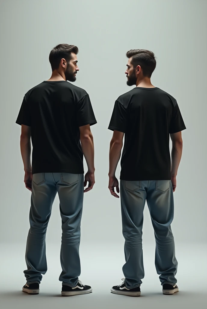 generate two handsome men look alike standing at distance from each other and straight facing in front of camera where one man wearing black oversized round neck  t-shirt and denim pants looking handsome and second man wearing black regular fit size t-shirt round neck half sleeves looking like creep and nerdy against light greyish background.