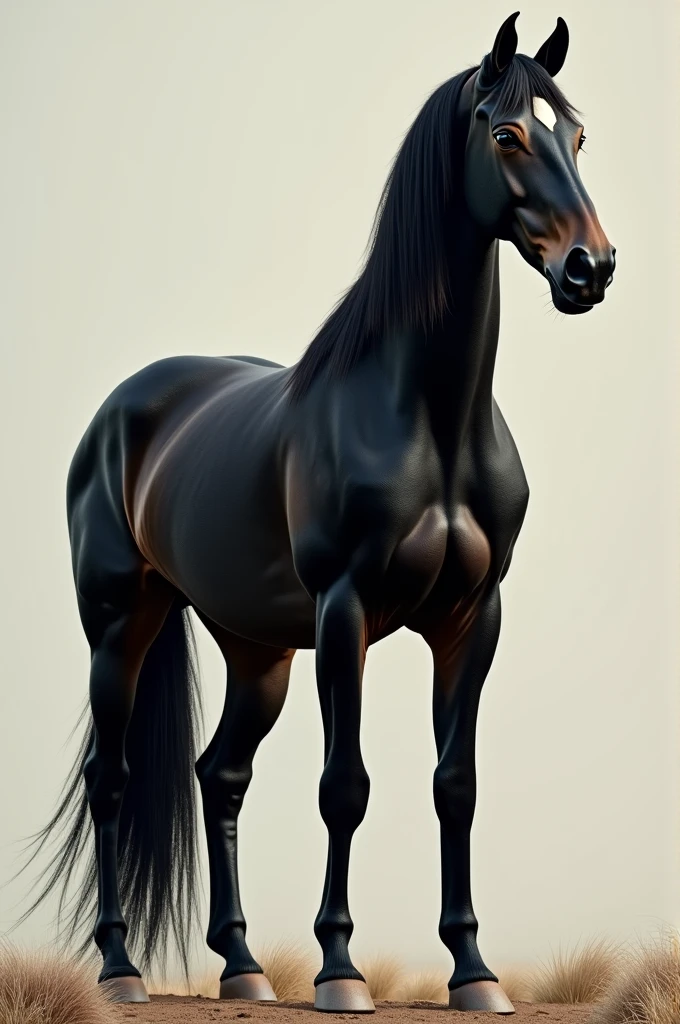 The horse is tall, black, with beautiful legs and well-defined muscles.