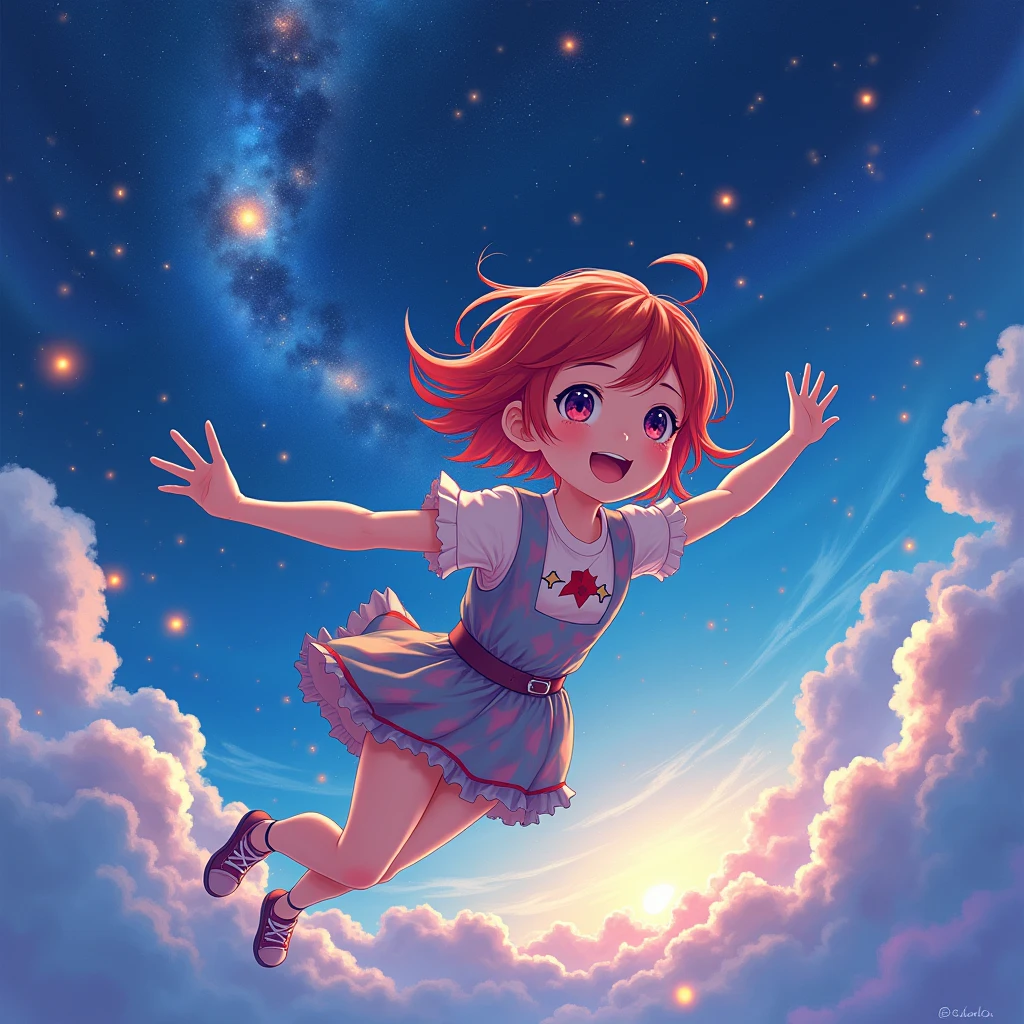 painting of the night sky with flying short red haired anime girl