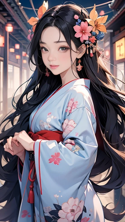 SeaArt creates stunning digital illustrations of beautiful women in kimono、A beautiful woman smiles and shows her upper white teeth、Vividly colored digital illustrations reminiscent of Ukiyo-e、Brown-black long hair、Beautiful full body style、If you want to dance, try the Tokyo Ondo~Yoiyoi、Yukata looks good too、Beautiful and innovative digital anime paintings,、 Detailed digital anime art in the background、Shrines and temples in Kyoto、Beautiful digital animated portrait、
