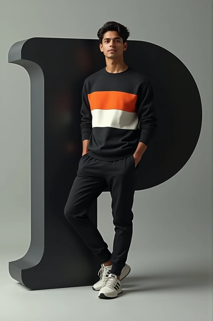 The real Indian 1 boy with black hair is wearing a casual outfit including a black tricolor sweatshirt, jogger pants and sneakers. The man is leaning on a large bright tricolor letter ‘P’, which is black with white accents. The overall color scheme is minimal, focusing on the colors of the tricolor. The scene has a modern and clean aesthetic, with soft darks and subtle shadows.”