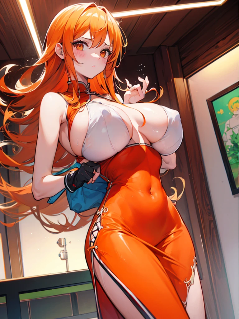 score_9, score_8_up, score_7_up, source_anime, best quality, clear face, Nami, orange hair, orange eyes, long hair, gigantic breasts, nipple breasts, perfect body, standing, looking at viewer, shocked, china dress, red clothes, dynamic angle, indoor, wet clothes,blushing,embrassed,see though clothes,big boob,hands on boob, view from below,bend over,ripped clothes