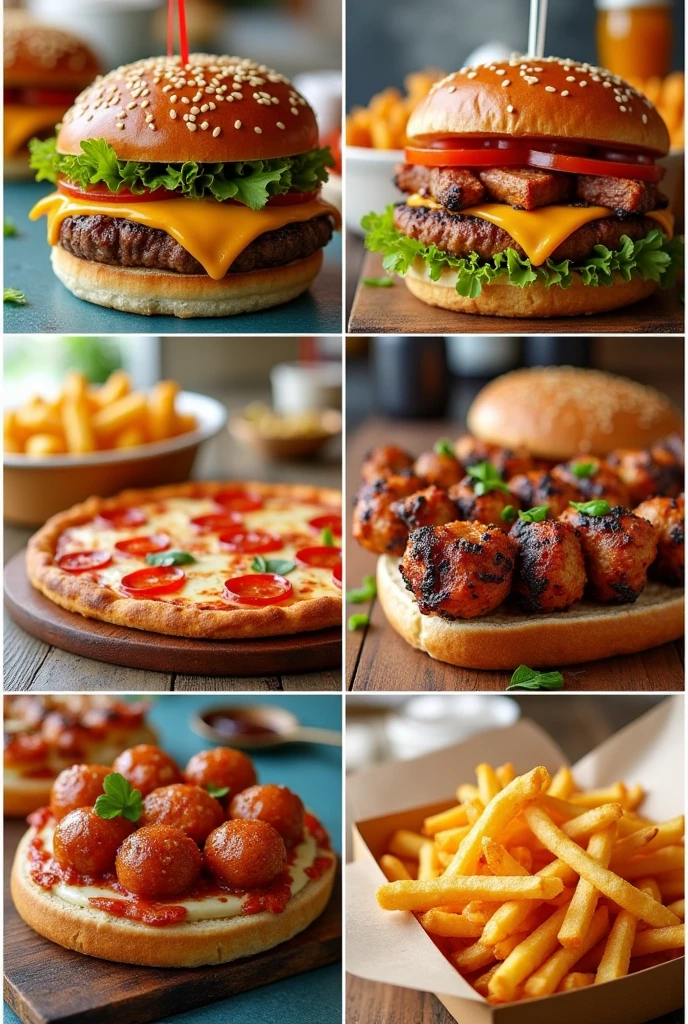 We sell classic fast food like hamburgers, hot dogs, pizza, skewers chicken or meat , and French fries
Diferent imágenes
