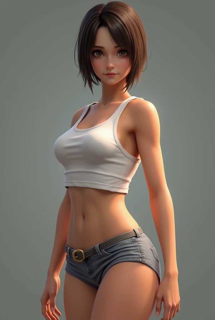 ((rebecca chambers)), crop top, white tank , Booty shorts, gentle smile , 