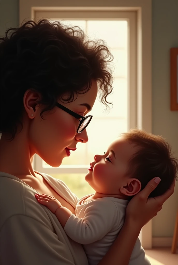 Show me a Chilean woman, of short stature, with dark and curly hair, with glasses , light skinned. mother of a 6