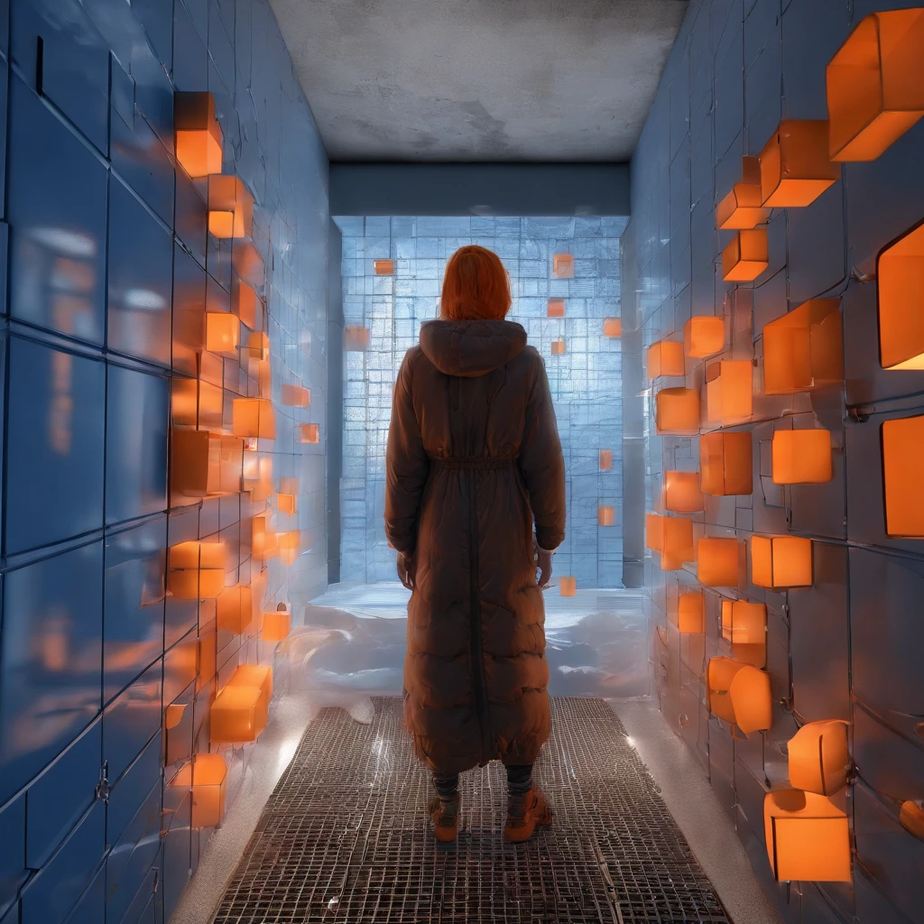 Make a 4k room that has blue cubes in different shades and that makes orange light between them and that there is a person observing between the cubes how some cubes come off the wall and that from it A humanoid hand comes out, and it is the cause of the cubes moving, and it seems that there is 0 gravity in the place.