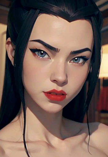Close-up of Princess Azula , black hair, blue eyes, full and red lips , smooth skin slim body extra large breasts, nsfw image 1.2 high resolution 12k gotich makeup fanart