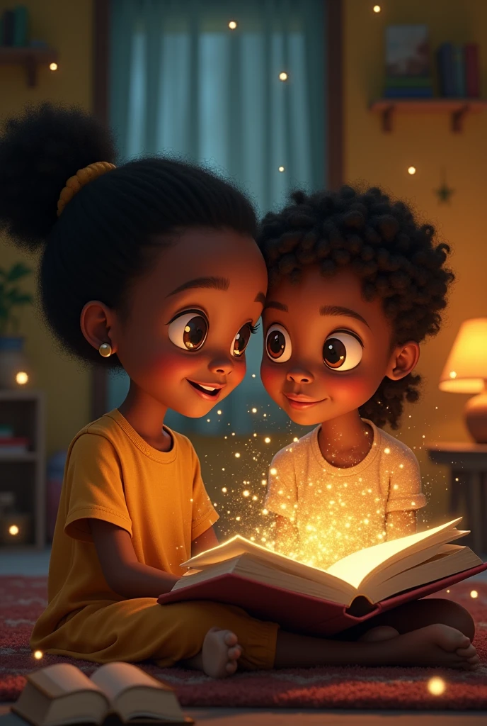 animations d'étoiles scintillantes ou de poussières magiques autour des enfants pendant qu'ils lisent. (Africain)