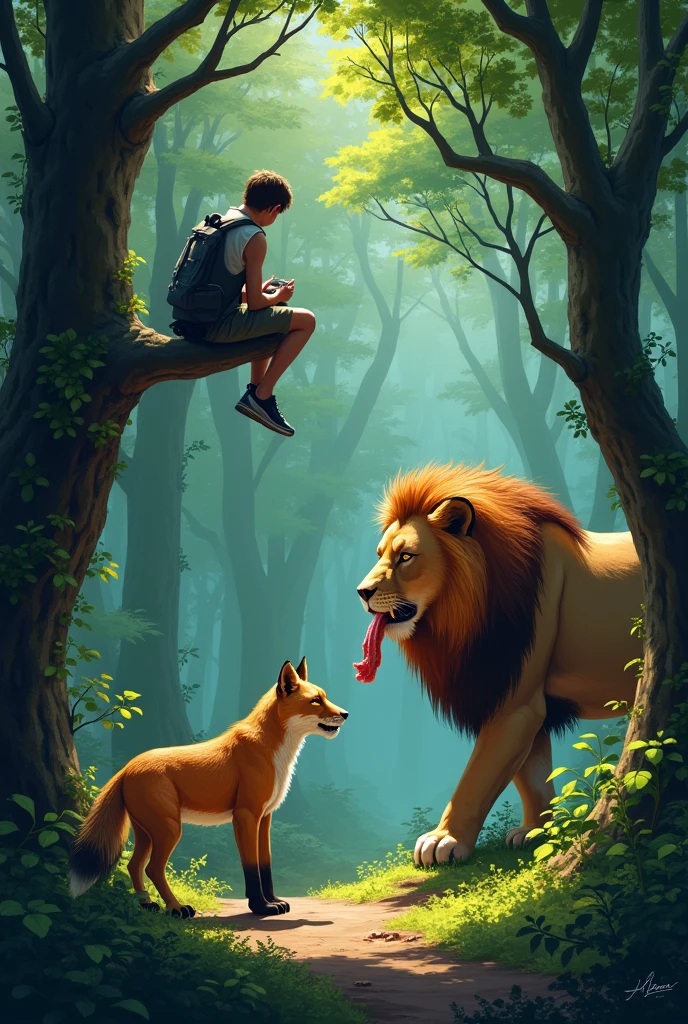 After some time, he started to move on from the forest. While crossing the forest, he saw a fox which had only two legs. The lazy man thought, "How can this fox stay alive in such a poor condition?" e for ries
Suddenly, he saw the lion coming towards piece of meat in his mouth. All the animals ran away as they saw lion coming towards them. The lazy man climbed up the tree to save himself but, the fox stayed at its place. But what the lazy man saw was truly surprising! The lion left a piece of meat which was in his mouth for the fox.