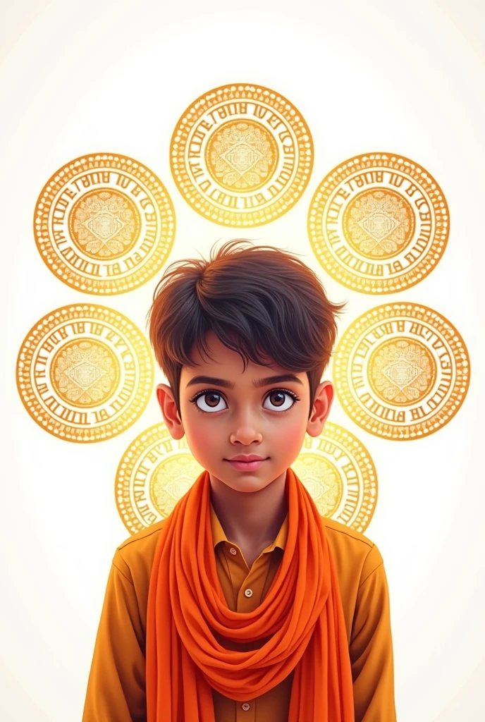 Selfie of a 1 boy with many Radhe Radhe written in 5 round shape on a white background. that boy is a Sanatani.