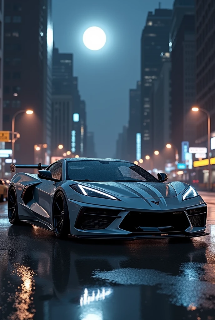 2025 Corvette Zr1 in gray color black wheels , in the New York City street, night time with a bright moon, 4K definition , very detailed