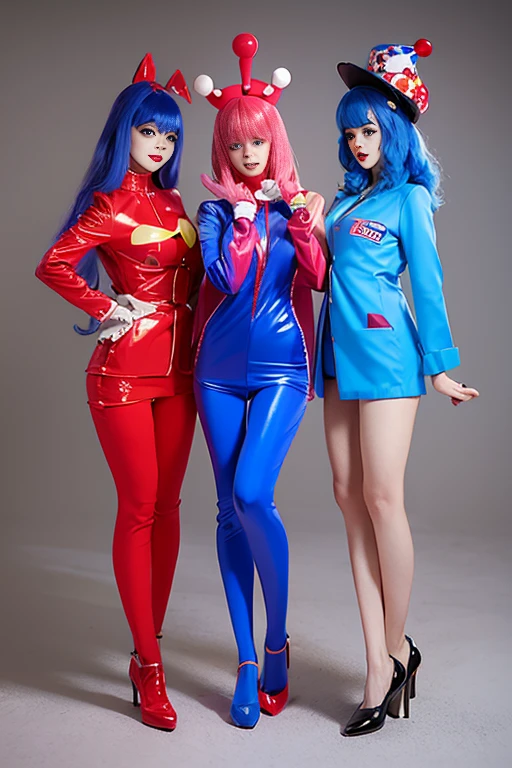 Three clown girls clowning Rubber Suit hair color: blue(1.1) Japanese Red and blue clown suit Two-pronged clown hat Clown makeup