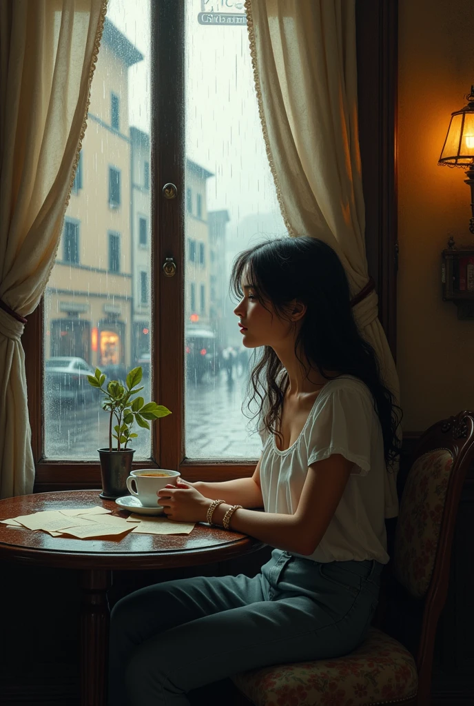 Here is a third proposal for the cover of your story:
### 1. **Background and Stage:**
- **Interior scene in an Italian cafe:** Place it to thes personajes dentro de un café tradicional italiano, with large windows showing a cobblestone street and a cloudy sky. The interior of the cafe should have a warm atmosphere, with soft lights, warm colored walls, and classic details such as wooden tables and antique chairs.
- **Outside with rain:** Through the windows, you could see that it is raining gently, with the raindrops sliding down the glass, creating a melancholic but cozy atmosphere.
### 2. **Characters:**
- **Rome:**
- **position:** Rome está sentada cerca de uno de los ventanales, looking out with a thoughtful expression. I could have a cup of coffee in my hands, as if taking a moment to reflect.
- **outfit:** A comfortable wool sweater and dark pants, something that reflects a casual but careful style, in keeping with the interior scene.
- **Damiano:**
- **position:** Damiano is at the same table, but further away, maybe in profile or slightly from behind, suggesting that he is deep in his own thoughts. You can have your guitar leaning against the table, indicating that he is a musician, Although at that moment he seems to be disconnected from the world.
- **outfit:** White shirt, that shows his artistic side but also his emotional vulnerability.
### 4. **Symbolic Elements:**
- **reflections in the glass:** Play with the reflections in the cafe windows, donde podrían verse de manera borrosa las figuras de Rome y Damiano, suggesting an unexplored connection between them.
- **Books or Letters:** You could include some books or an open letter on the table., insinuando que Rome está buscando respuestas o consuelo en la lectura o en una correspondencia pasada.
### 5. **General Design:**
- **Introspective Composition:** Place it to the