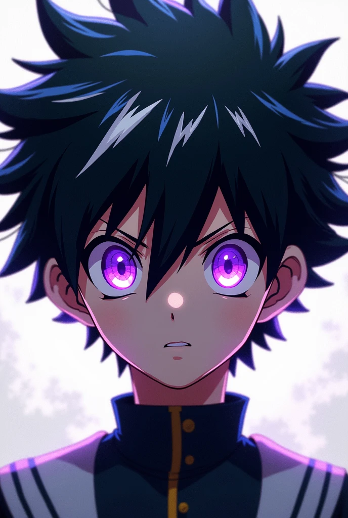 Anime boy bnh style, black hair with silver highlights, white skin and purple eyes,