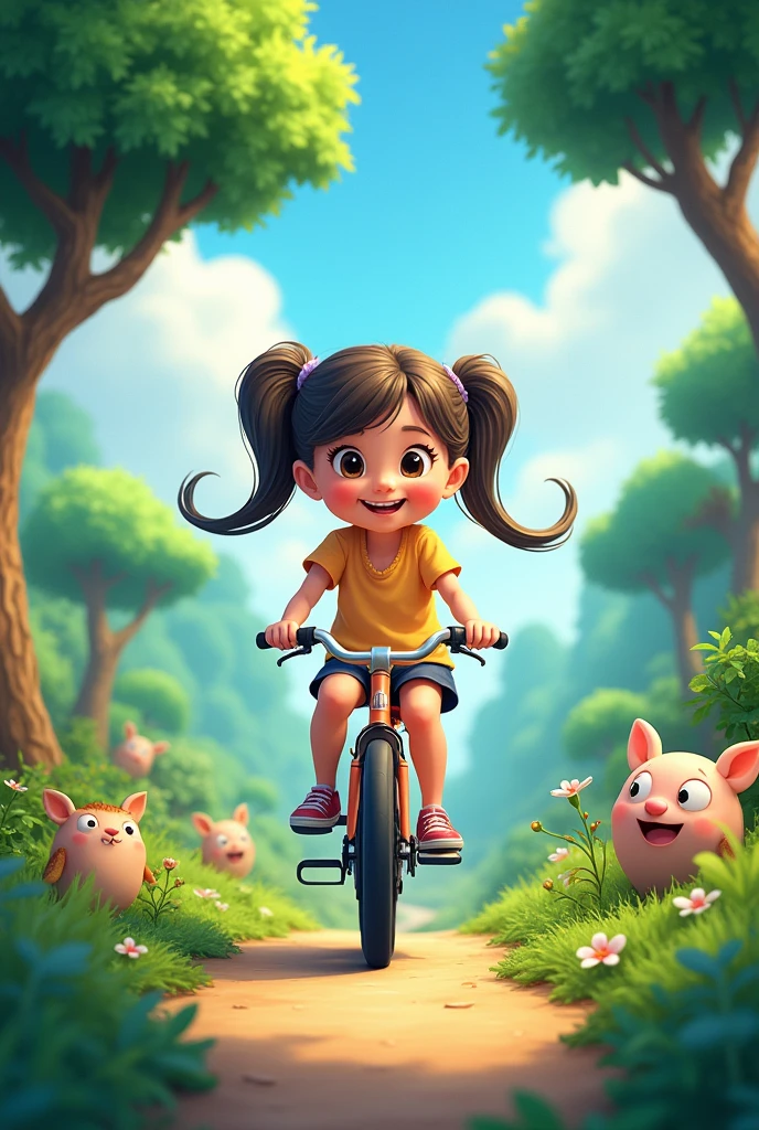 Girl riding a bicycle,Cartoon characters on forest island,cute,Two-headed body。