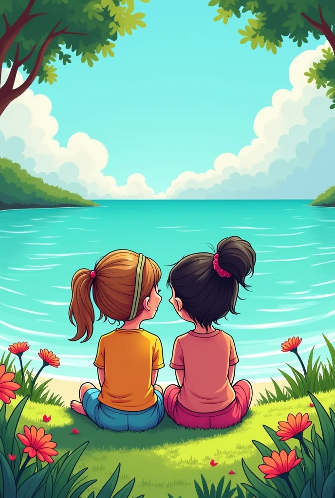 A sea , landscape, make comic type a small flower two girl best friend sat , beautiful nature 